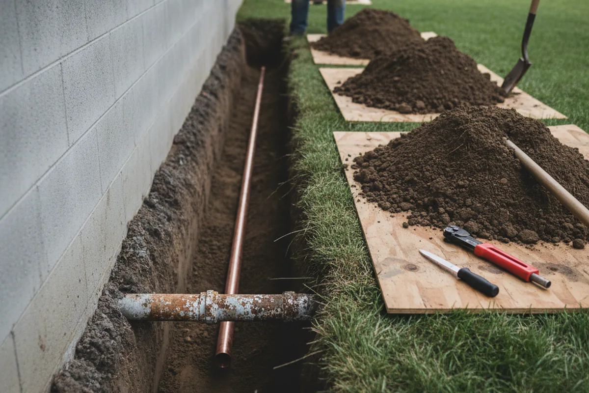 Excavated water line trench during Sewer Line Repair in Severance